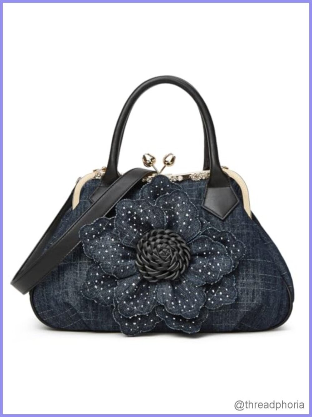 Denim Rhinestone Flower Tote Handbag Kiss Lock Crossbody Evening Party Purse